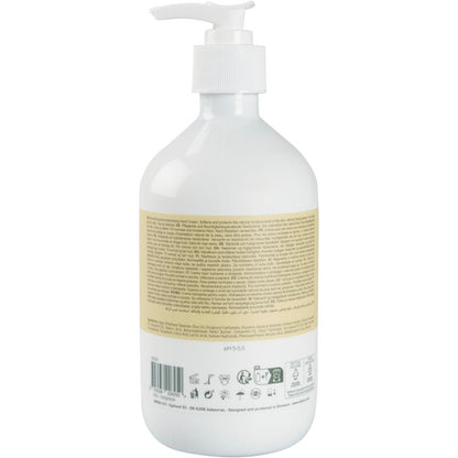 Bouteille pompe en plastique blanc avec une étiquette beige à l'arrière avec des informations sur le produit, les ingrédients et les symboles de recyclage pour la crème pour les mains Abena Re-Seller GmbH, 21% de matières grasses, légèrement parfumée.