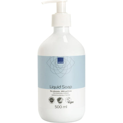 Une bouteille blanche de la société Abena Re-Seller GmbH Savon liquide pour les mains, légèrement parfumé, avec une pompe et une étiquette bleue. Le savon vegan de 500 ml est testé dermatologiquement et sans colorants.