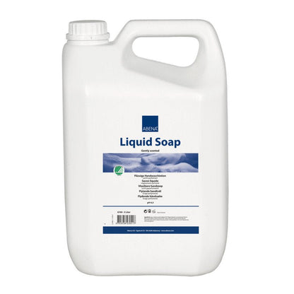 Un grand récipient en plastique blanc avec poignée et bouchon à vis, étiqueté "Abena Re-Seller GmbH Savon liquide pour les mains, légèrement parfumé". L'étiquette multilingue fournit des informations sur le produit.