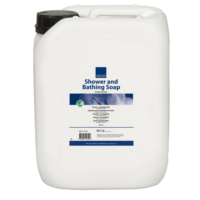 Bouteille en plastique blanche de 5 000 ml avec un bouchon noir et l'inscription "Abena Re-Seller GmbH Gel douche et bain, légèrement parfumé" ainsi que des écritures bleues et blanches avec des instructions d'utilisation. Vendue en carton (2 paquets).
