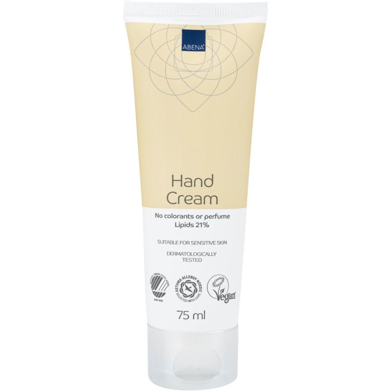 Un tube de 75 ml de la crème pour les mains Abena Re-Seller GmbH, 21% de matière grasse, non parfumée, est doté d'une étiquette beige-blanc. Il est testé dermatologiquement, vegan, idéal pour les peaux sensibles et contient 21% de lipides.