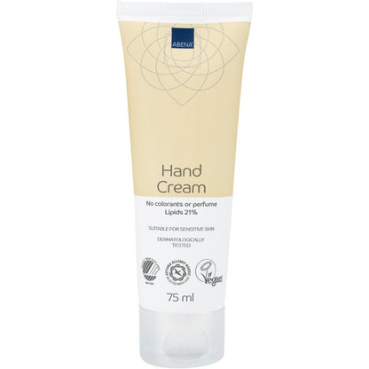 Un tube de 75 ml de la crème pour les mains Abena Re-Seller GmbH, 21% de matière grasse, non parfumée, est doté d'une étiquette beige-blanc. Il est testé dermatologiquement, vegan, idéal pour les peaux sensibles et contient 21% de lipides.