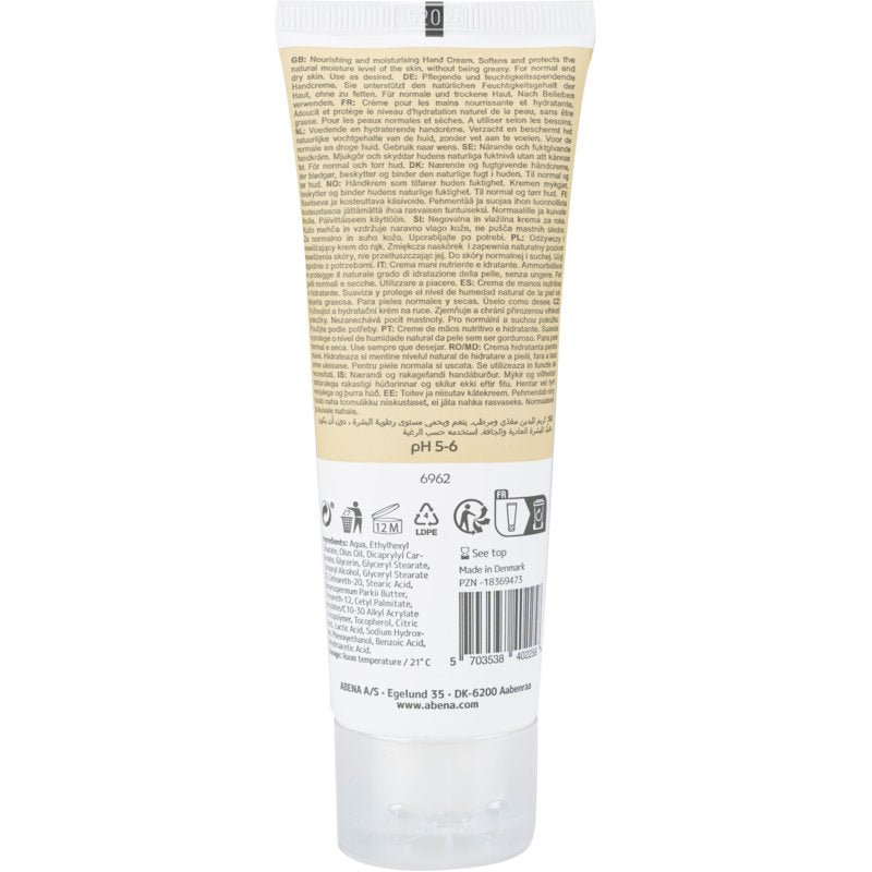 Un tube beige-blanc de la crème pour les mains Abena Re-Seller GmbH (21% de matière grasse, non parfumée) est debout avec une étiquette arrière contenant des informations, des symboles, des ingrédients et un code-barres. Le tube a un bouchon à clapet transparent.