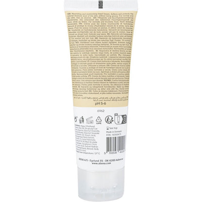 Un tube beige-blanc de la crème pour les mains Abena Re-Seller GmbH (21% de matière grasse, non parfumée) est debout avec une étiquette arrière contenant des informations, des symboles, des ingrédients et un code-barres. Le tube a un bouchon à clapet transparent.