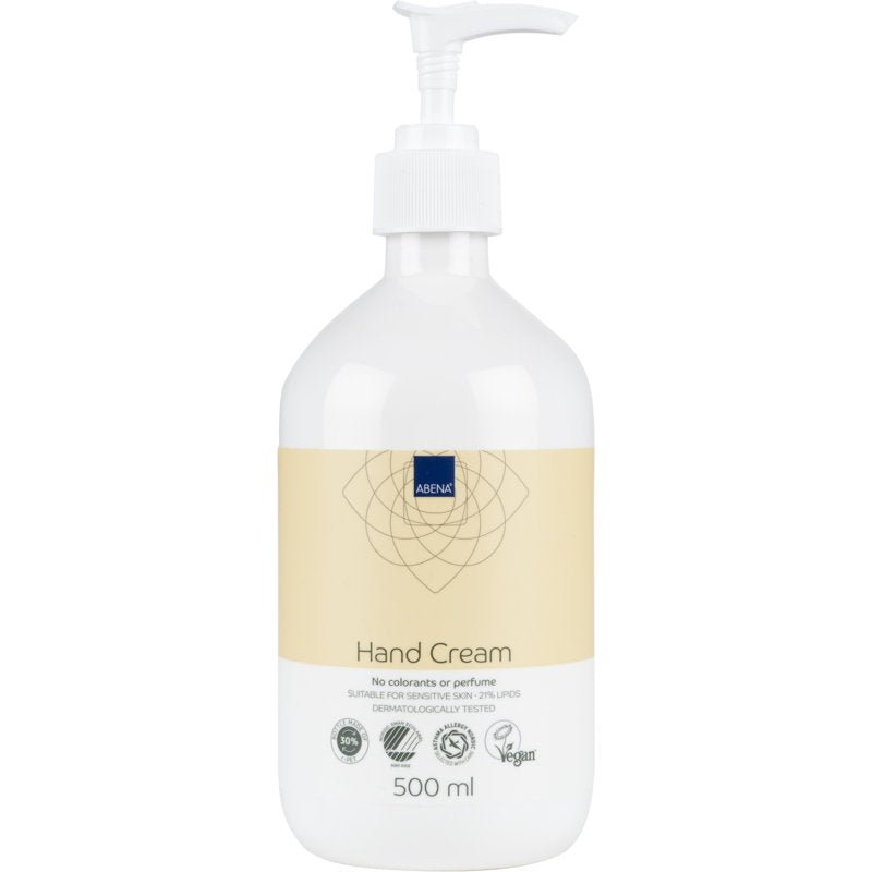Un flacon pompe de 500 ml de la crème pour les mains Abena Re-Seller GmbH, 21% de matière grasse, non parfumée. Testé dermatologiquement, vegan, adapté aux peaux sensibles; ne contient ni colorants ni parfum. Étiquette beige.