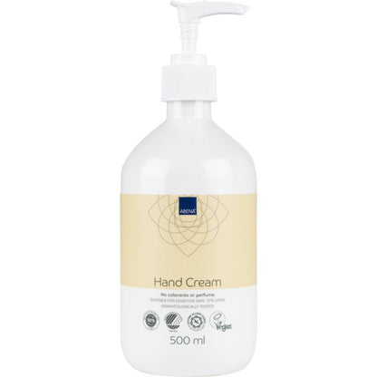 Un flacon pompe de 500 ml de la crème pour les mains Abena Re-Seller GmbH, 21% de matière grasse, non parfumée. Testé dermatologiquement, vegan, adapté aux peaux sensibles; ne contient ni colorants ni parfum. Étiquette beige.