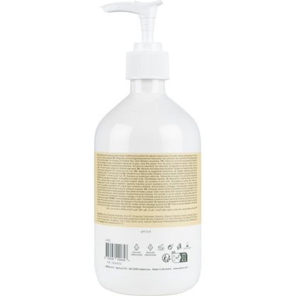 Il s'agit d'un flacon pompe blanc de la crème pour les mains Abena Re-Seller GmbH (21% de matière grasse, non parfumée) avec une étiquette beige, sur laquelle les informations produit et les ingrédients sont répertoriés en plusieurs langues, vu de dos sur un fond blanc.