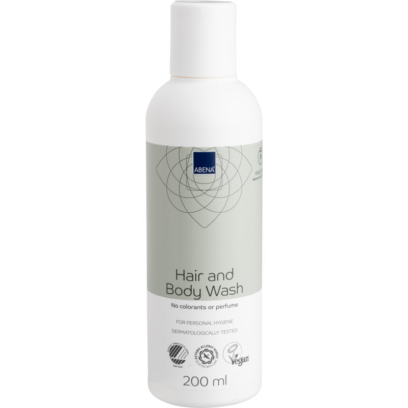 Une bouteille blanche et gris clair de 200 ml de shampooing pour cheveux et corps Abena Re-Seller GmbH "Laver sans eau" pour les soins corporels, vegan, testé dermatologiquement et sans colorants ni parfums. Disponible en carton de 6 paquets.