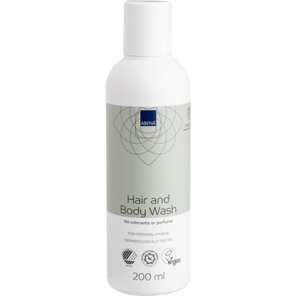 Une bouteille blanche et gris clair de 200 ml de shampooing pour cheveux et corps Abena Re-Seller GmbH "Laver sans eau" pour les soins corporels, vegan, testé dermatologiquement et sans colorants ni parfums. Disponible en carton de 6 paquets.