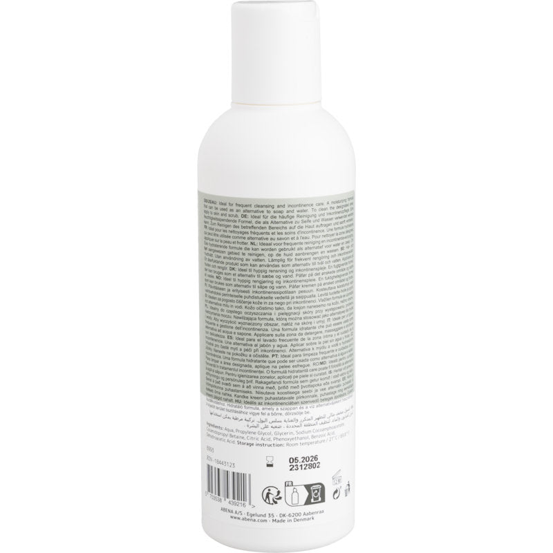Bouteille en plastique blanche avec bouchon blanc, vue de dos. L'étiquette contient des informations et des instructions sur le shampooing pour cheveux et corps Abena Re-Seller GmbH "Laver sans eau", 200 ml | Carton (6 paquets), ainsi que des symboles de recyclage et de codes-barres.