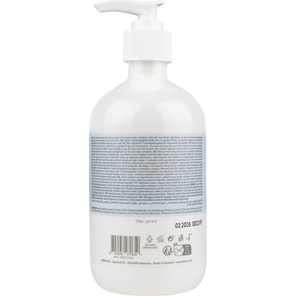 Un flacon en plastique transparent avec un distributeur blanc portant l'inscription "Savon crème doux sans parfum" de Abena Re-Seller GmbH est doté d'une grande étiquette bleu et blanc et d'informations produit multilingues au dos.