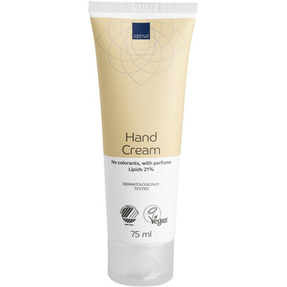 Un tube de 75 ml de crème pour les mains Abena Re-Seller GmbH, 21% de matières grasses, légèrement parfumée, avec un design beige-blanc; testé dermatologiquement et sans colorants.