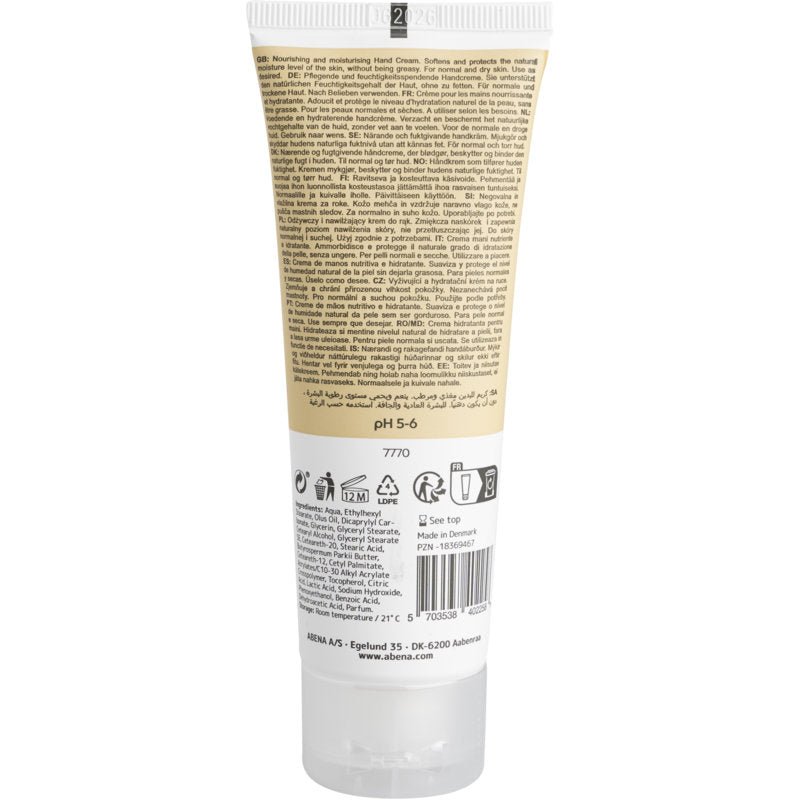 Un tube de la crème pour les mains Abena Re-Seller GmbH (21% de matières grasses, légèrement parfumée) est illustré de dos, avec des informations sur le produit, des instructions et des ingrédients en plusieurs langues ainsi que des symboles d'utilisation et de recyclage au bas.