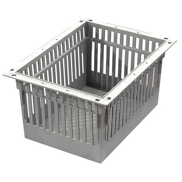 Ein graues Novocal ABS Modul Aufbewahrungssystem, teilbar und inkl. Auszugsstopps, mit vertikalen Lamellen und einem massiven Sockel zur Belüftung oder Entwässerung, ist schräg dargestellt.