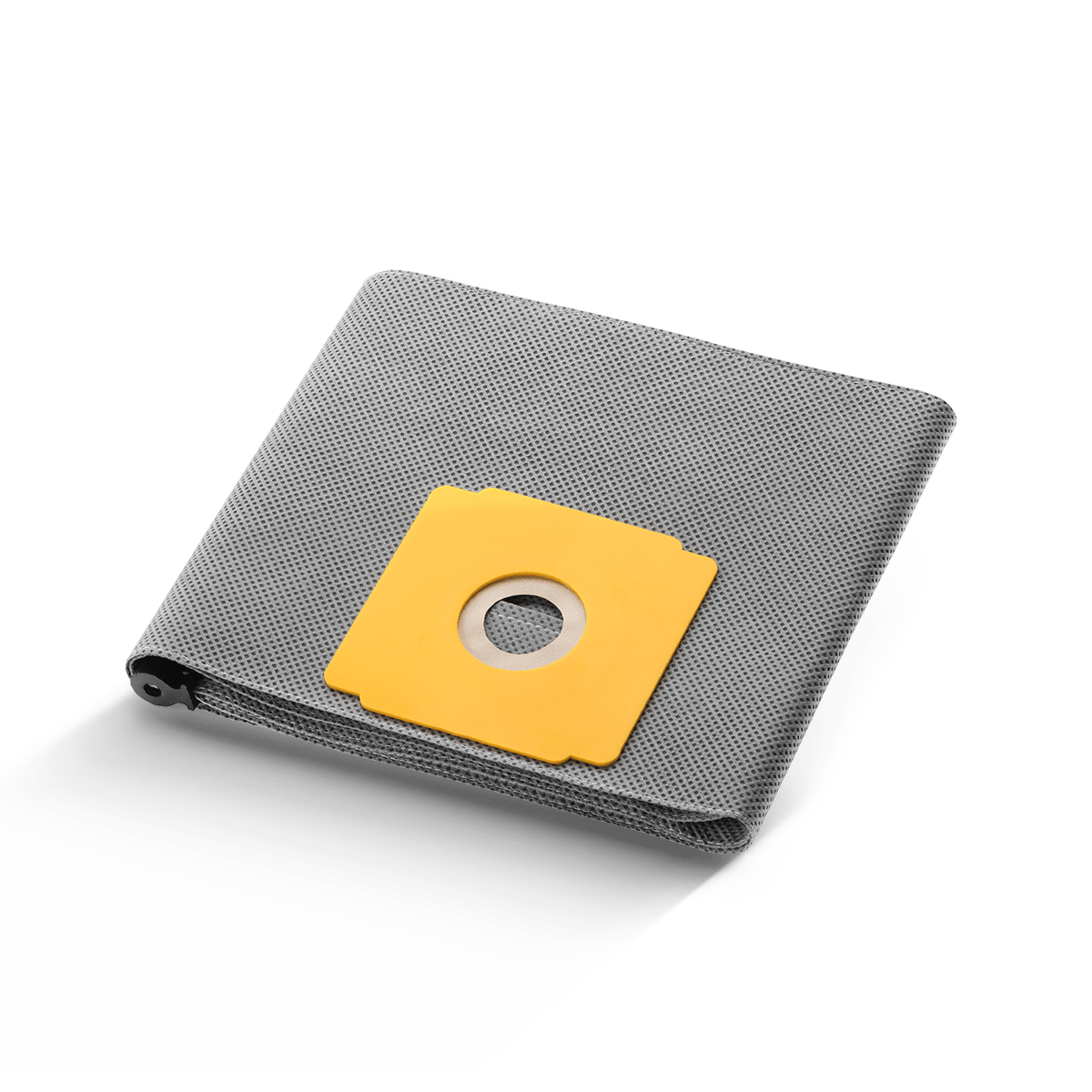 Un filtre permanent Arcora Pro1Plus réutilisable d'Arcora International GmbH, gris avec raccord en plastique jaune, est représenté plié sur un fond uni blanc.