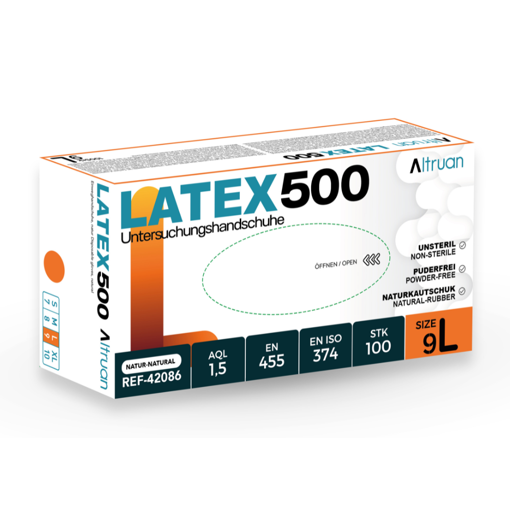 Eine rechteckige Schachtel mit Altruan Latex 500 Einmalhandschuhe (100 Stück, natur), Größe 9L, puderfrei und unsteril. Die meist weiße Schachtel ist mit blauem, orangem und schwarzem Text und Grafiken versehen. Marke: Altruan.