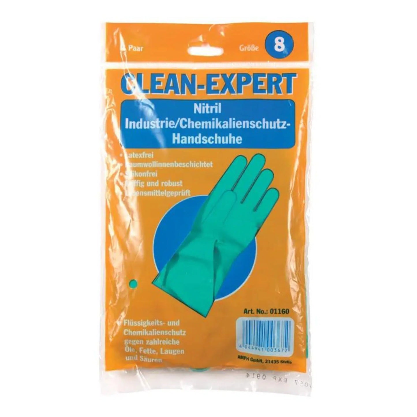 Un paquet de gants chimiques en nitrile « Clean-Expert » de AMPri Handelsgesellschaft mbH, taille 8. L'emballage orange-transparent montre une image des gants verts à l'intérieur. Ces gants industriels sont sans latex, floqués et testés pour l'étanchéité, ce qui en fait des gants de protection chimique idéaux.