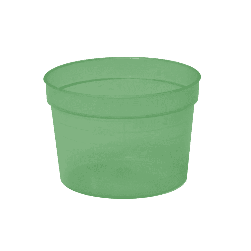 Le gobelet médical AMPri PP, disponible en 30 ml avec des graduations de volume latérales et en différentes couleurs, est fabriqué en polypropylène durable. Ce gobelet en plastique transparent vert de la société AMPri Handelsgesellschaft mbH n'a pas de poignée.