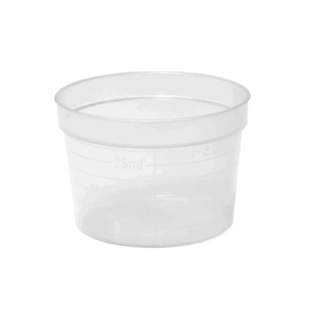 Le gobelet médical AMPri PP de la société AMPri Handelsgesellschaft mbH est un gobelet cylindrique en polypropylène durable. Ce gobelet doseur en plastique transparent dispose de lignes de graduation précises jusqu'à 30 ml et est disponible en différentes couleurs. Le fond est d'un blanc simple.