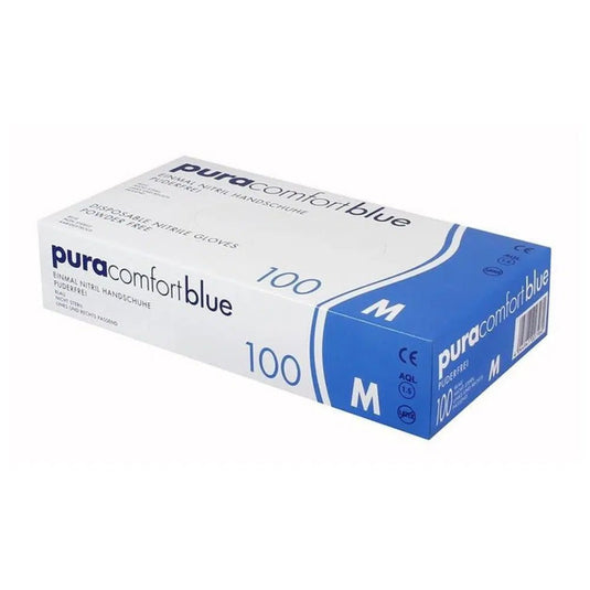 Une boîte blanche et bleue de gants en nitrile AMPri Pura Comfort, taille Medium, contenant 100 gants. Ces gants d'examen en nitrile de la société AMPri Handelsgesellschaft mbH sont sans poudre et sans latex ; ils conviennent donc parfaitement à une utilisation dans l'industrie agroalimentaire ou dans les établissements médicaux. La boîte comporte également un code-barres et des symboles fournissant des informations détaillées sur le produit.