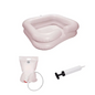 L'article discontinué : Lavabo AMPri avec dispositif de douche et pompe, gonflable par AMPri Handelsgesellschaft mbH avec pompe à main et sac d'eau est présenté pour le lavage des cheveux en position allongée sur fond blanc.
