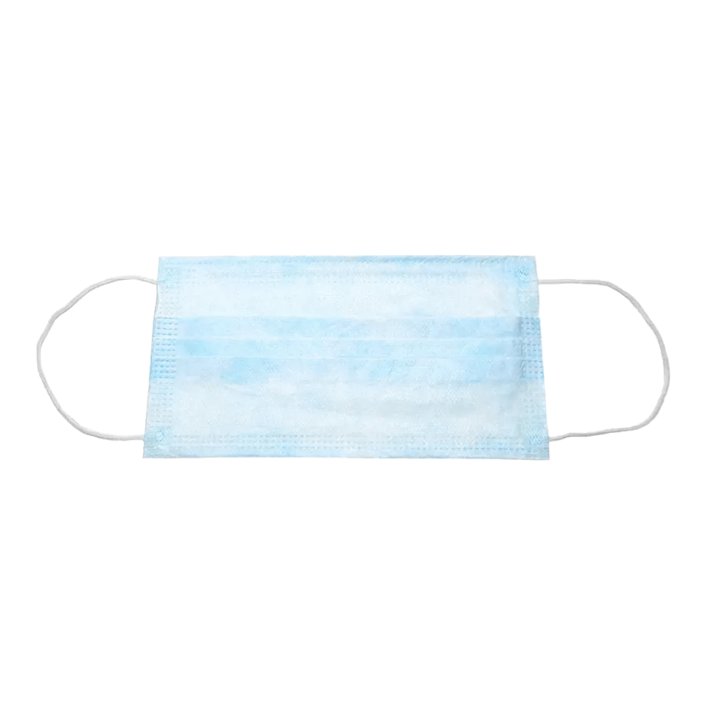 Un masque jetable bleu clair avec des boucles d'oreilles blanches est placé sur un fond blanc. Le masque AMPri BASIC-PLUS OP 3 couches. Type II de AMPri Handelsgesellschaft mbH dispose de trois plis pour s'étendre et couvrir le visage, assurant ainsi une protection efficace.