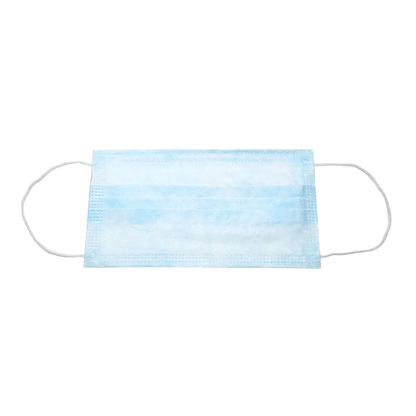 Un masque jetable bleu clair avec des boucles d'oreilles blanches est placé sur un fond blanc. Le masque AMPri BASIC-PLUS OP 3 couches. Type II de AMPri Handelsgesellschaft mbH dispose de trois plis pour s'étendre et couvrir le visage, assurant ainsi une protection efficace.