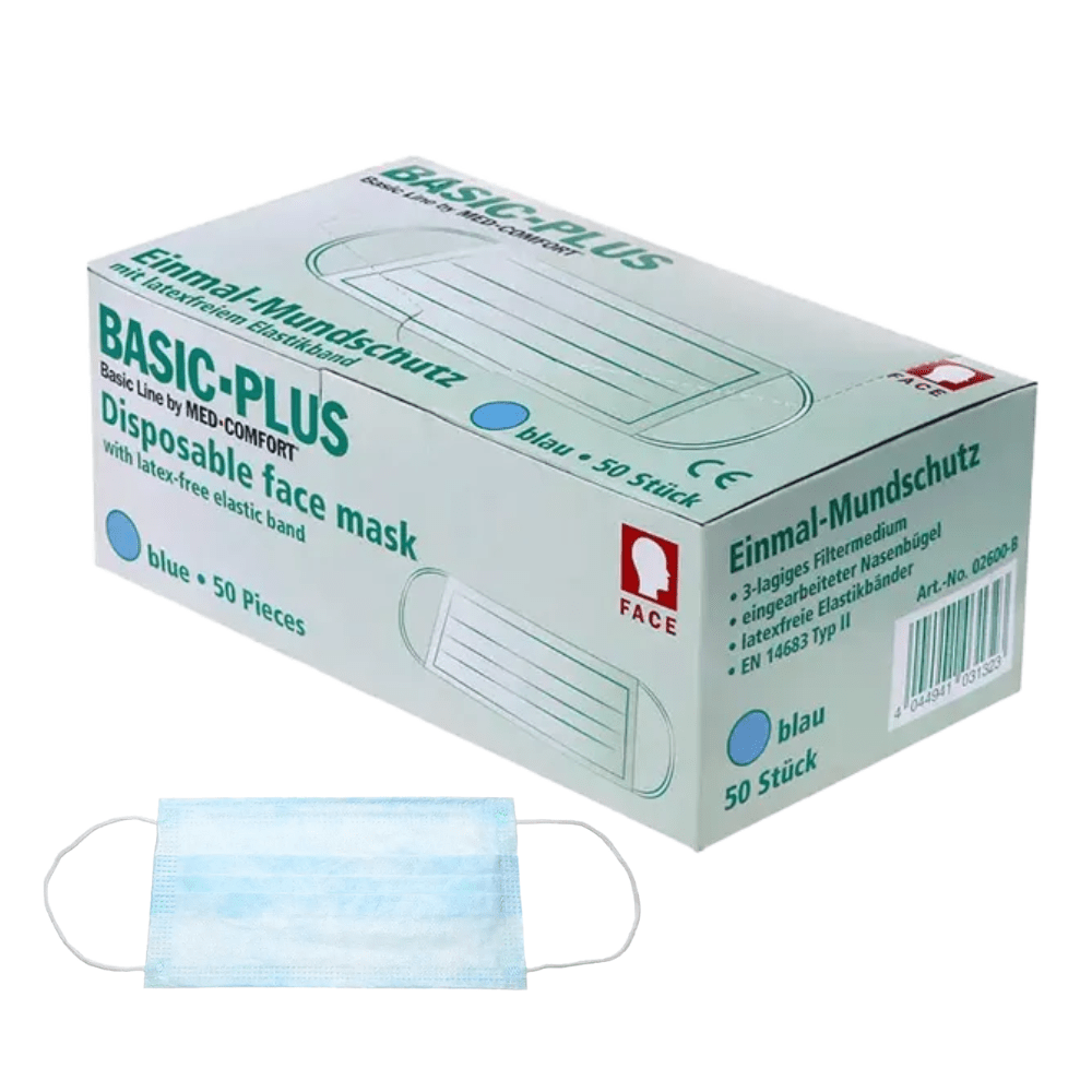 Une boîte bleu-blanc avec l'inscription « AMPri BASIC-PLUS OP Masque 3 couches. Type II, différentes couleurs » de AMPri Handelsgesellschaft mbH contient 50 masques. Sur la boîte, on peut voir les détails du produit, y compris la couleur bleue et la caractéristique sans latex. Sous la boîte, un masque jetable bleu à 3 couches est également illustré séparément.