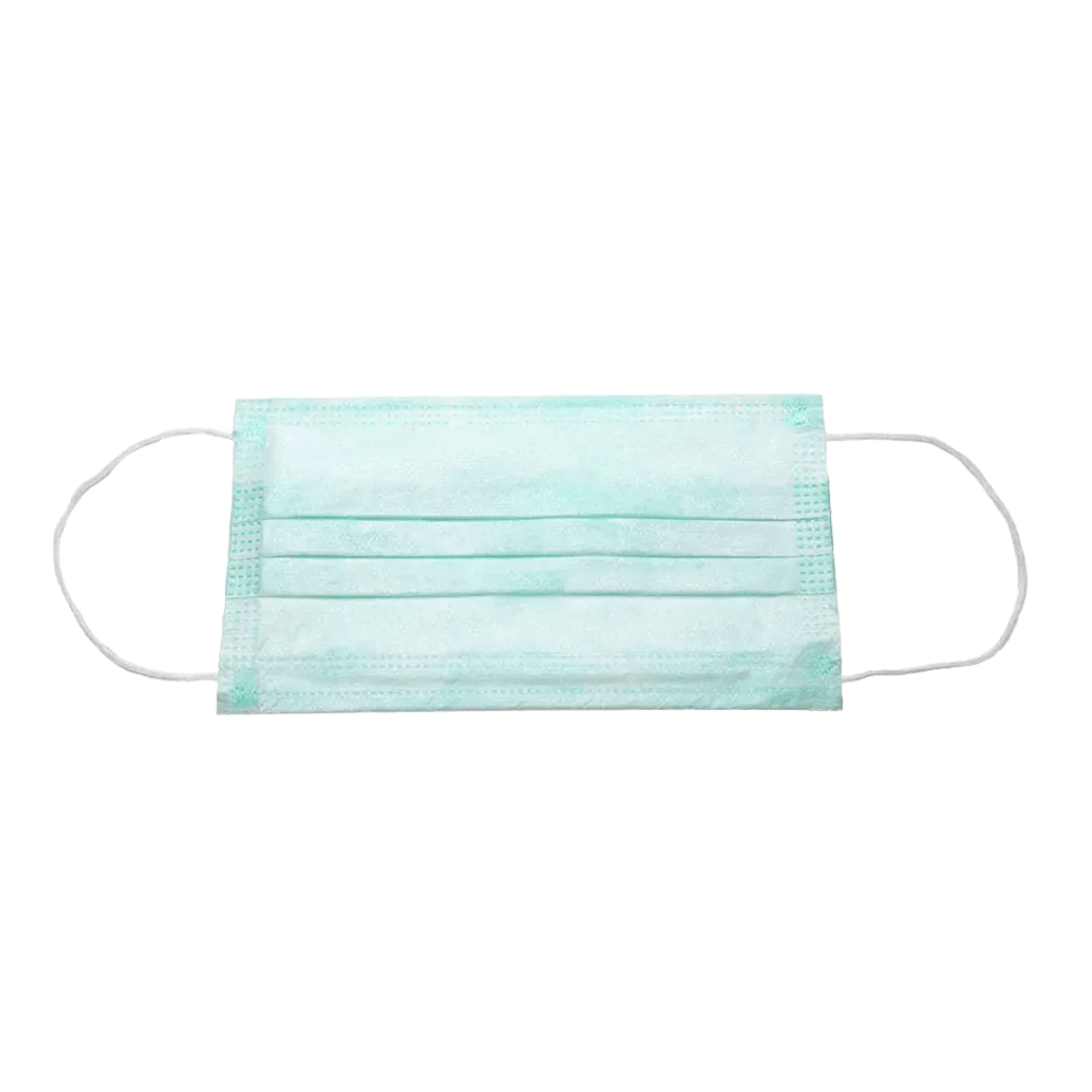 Un masque AMPri BASIC-PLUS OP bleu clair 3 couches. Type II, fabriqué par AMPri Handelsgesellschaft mbH, avec des boucles d'oreilles repose à plat sur un fond blanc. Ce masque à trois couches dispose de trois plis et est conçu comme un masque jetable pour empêcher la propagation des polluants.