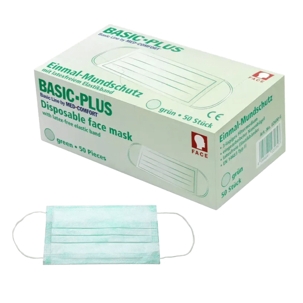 Illustrée est une boîte de masques AMPri BASIC-PLUS OP 3 couches. Type II avec l'inscription « vert, 50 pièces ». Sur la boîte, on voit clairement l'image d'un masque facial. Sous la boîte repose à plat un masque vert à 3 couches. Le masque dispose d'un élastique sans latex et est fabriqué par AMPri Handelsgesellschaft mbH.
