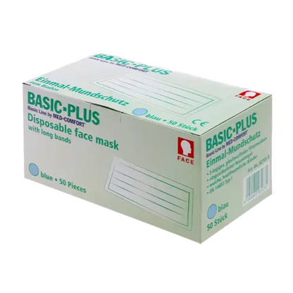 Une boîte blanche « AMPri BASIC-PLUS OP Masque 3-plis. Type II à nouer » de AMPri Handelsgesellschaft mbH, contenant 50 pièces avec de longs rubans. La boîte contient du texte en anglais et en allemand et sur le côté une image d'un masque facial bleu.