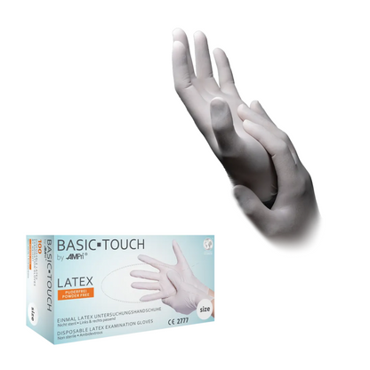 Une boîte de gants en latex AMPri BASIC-TOUCH sans poudre, blanc | Boîte (100 pièces) avec une paire de mains gantées se touchant. Sur la boîte, on peut voir le nom du produit, la taille des gants et d'autres détails, tandis que les mains de la société AMPri Handelsgesellschaft mbH apparaissent dans une pose gracieuse, entrelacée, avec des gants en latex sans poudre.