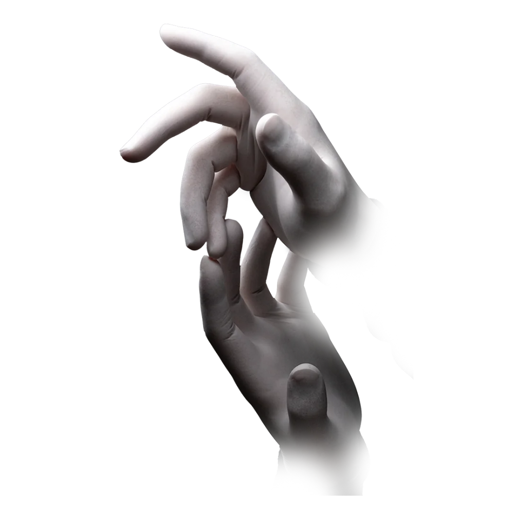 Un gros plan montre deux mains dont les doigts se touchent doucement. Les mains et les doigts, élégamment ornés de gants en latex AMPri BASIC-TOUCH sans poudre, blanc de la société AMPri Handelsgesellschaft mbH, sont partiellement effacés vers les poignets, créant un effet de dissolution sur un fond blanc.