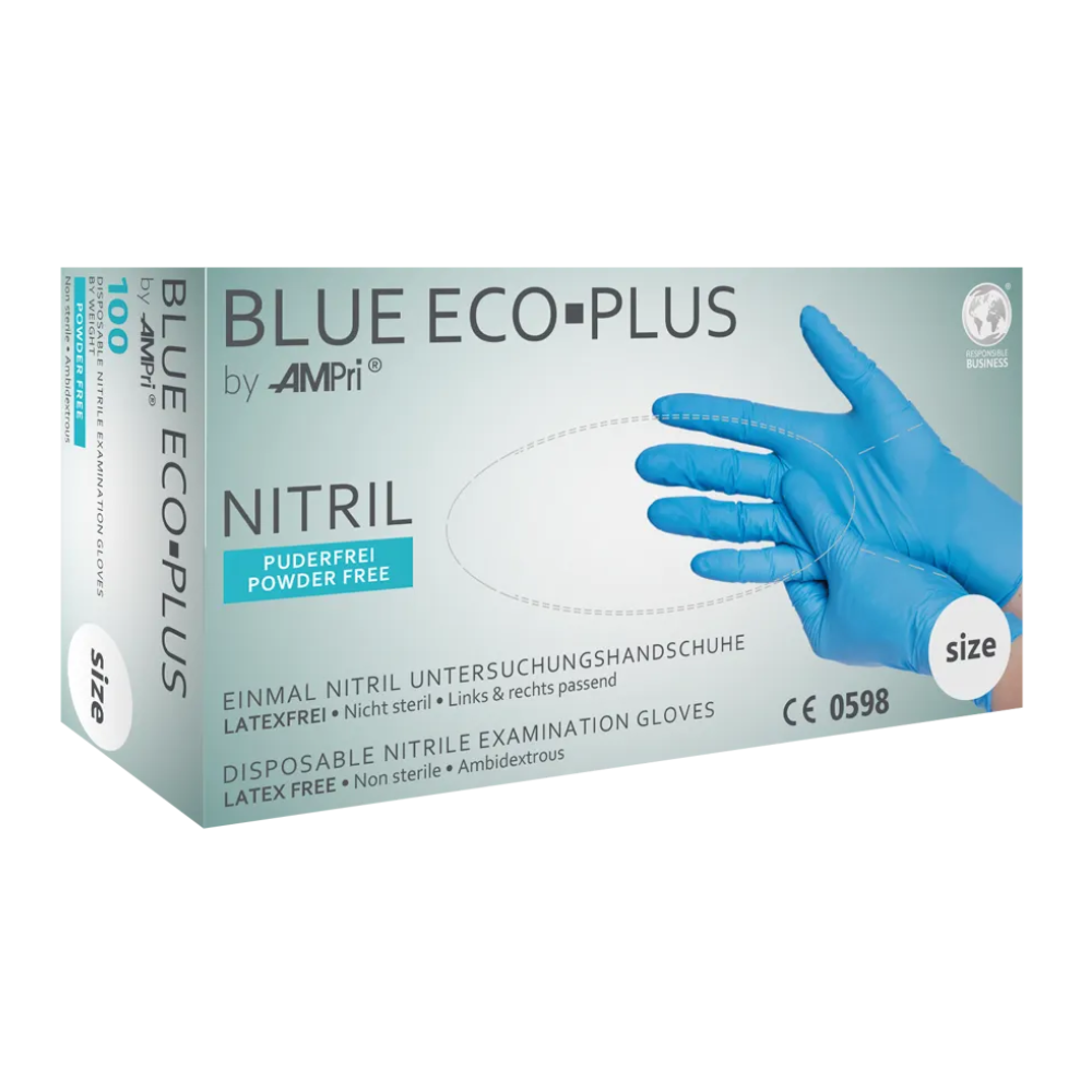 Une boîte de gants en nitrile AMPri BLUE ECO-PLUS sans poudre, bleus, gants d'examen jetables en nitrile de la société AMPri Handelsgesellschaft mbH. La boîte est marquée comme sans poudre, sans latex, non stérile, ambidextre et contient 100 gants. Idéal pour l'industrie alimentaire, l'image montre une main portant un gant bleu.