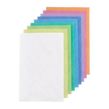 Une pile de dix feuilles de papier filtre pour plateau AMPri Dental Kreppauflage dans les couleurs blanc, rose, bleu, vert et orange de AMPri Handelsgesellschaft mbH. Les feuilles sont disposées dans un motif légèrement en éventail.