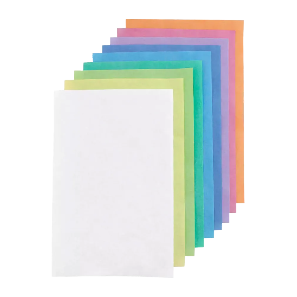 Une pile de dix papiers filtres pour plateau de couverture crêpe dentaire AMPri, 18 x 28 cm, de AMPri Handelsgesellschaft mbH, étalés en éventail. Les couleurs vives comprennent le blanc, le bleu clair, le bleu foncé, le violet, l'orange, le rose, le vert et le jaune. Chaque feuille est soigneusement disposée, les bords sont clairement visibles.