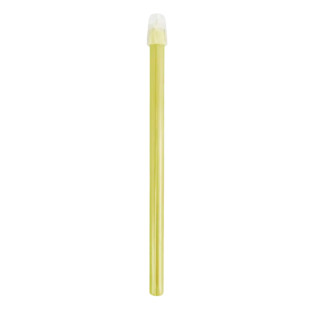 Sur fond blanc, un aspirateur de salive dentaire AMPri de la société AMPri Handelsgesellschaft mbH est visible, disponible en tailles 130 mm et 150 mm et en différentes couleurs. Cette paille en plastique jaune a un capuchon en plastique transparent à une extrémité et est typiquement utilisée dans les traitements dentaires.