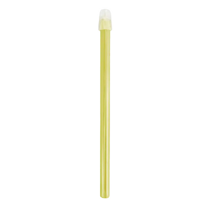 Sur fond blanc, une paille en plastique jaune est illustrée, ressemblant à un aspirateur de salive dentaire AMPri de la société AMPri Handelsgesellschaft mbH et possédant un capuchon de protection transparent à une extrémité.