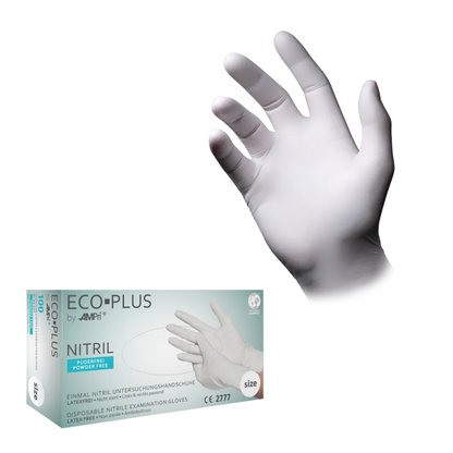 Une image d'un gant en nitrile blanc AMPri ECO-PLUS à usage unique sur une main. Sous le gant se trouve un emballage Eco-Plus avec un texte indiquant que les gants sont sans poudre, sans latex et hygiéniques pour l'examen. La boîte contient des détails de la marque AMPri Handelsgesellschaft mbH, une certification CE et des informations sur les tailles.