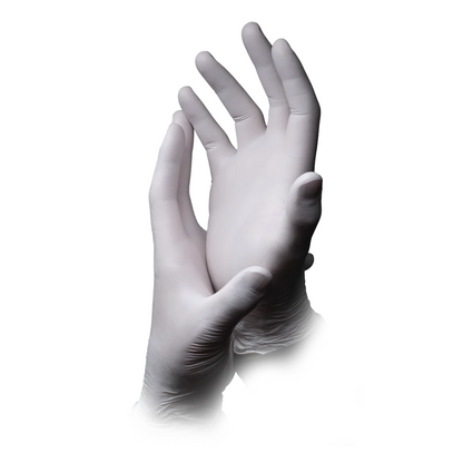 Sur un fond blanc, une paire de mains avec des gants en nitrile AMPri ECO-PLUS sans poudre, Blanc de AMPri Handelsgesellschaft mbH est illustrée. Les mains portant les gants en nitrile blancs sans poudre sont positionnées avec les doigts légèrement écartés, et la main gauche repose légèrement sur le poignet de la main droite.