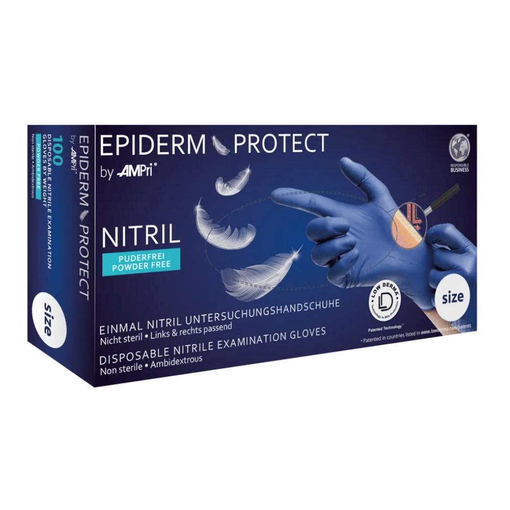 Une boîte de gants en nitrile AMPri Epiderm Protect de MED-COMFORT sans poudre, bleu métallique. La boîte bleu métallique montre l'image d'une main portant un gant bleu et tenant une plume. Les étiquettes indiquent que les gants sont non stériles, sans poudre et ambidextres, et la taille est indiquée. La boîte contient 100 pièces et est fabriquée par la société commerciale AMPri mbH.