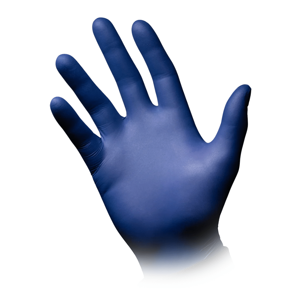 Un seul gant en nitrile AMPri Epiderm Protect de MED-COMFORT en bleu métallique est représenté avec la paume vers le haut sur un fond blanc simple. Les doigts du gant sans poudre sont légèrement écartés.