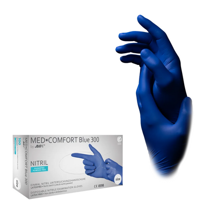 Une boîte de gants en nitrile AMPri MED-COMFORT BLUE 300 extra longs sans poudre, bleus de AMPri Handelsgesellschaft mbH est exposée à côté d'une image de deux mains portant des gants en nitrile bleus. Sur la boîte, il y a un texte indiquant que les gants sont sans latex et sans poudre.