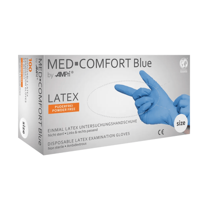 Une boîte de gants en latex AMPri MED-COMFORT BLUE sans poudre, fabriquée par AMPri Handelsgesellschaft mbH. La boîte est marquée comme jetable, non stérile et ambidextre. L'image sur la boîte montre une main portant un gant en latex bleu et pointant vers l'avant. Idéal pour la transformation alimentaire, la taille et la quantité (100 pièces) sont indiquées.