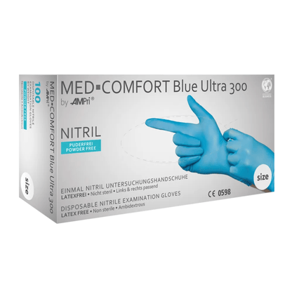 Boîte de gants en nitrile AMPri MED-COMFORT BLUE ULTRA 300 extra longs, sans poudre, bleus de AMPri Handelsgesellschaft mbH. La boîte est principalement blanche et bleue, montre une image de mains gantées et indique que les gants en nitrile sont sans latex, sans poudre, ambidextres et adaptés aux aliments. La taille est clairement visible.
