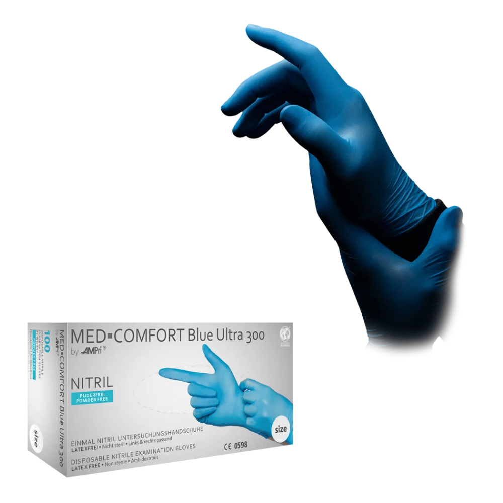 Il est illustré une boîte de gants en nitrile AMPri MED-COMFORT BLUE ULTRA 300 extra longs, sans poudre, bleus de AMPri Handelsgesellschaft mbH. Au-dessus de la boîte, deux mains sont illustrées portant les gants en nitrile bleus et ajustant la forme de l'autre main avec une main. Les informations sur le produit et les tailles sont mises en évidence sur l'emballage, indiquant que les gants sont sans poudre et adaptés aux aliments.