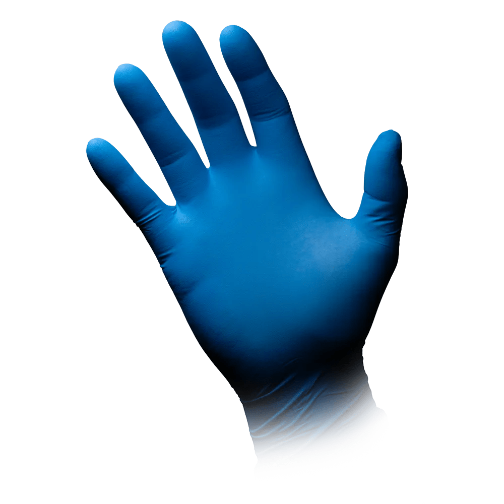 Un gant en nitrile AMPri MED-COMFORT BLUE ULTRA 300 extra long, sans poudre, bleu de AMPri Handelsgesellschaft mbH sur une main dressée avec les doigts écartés sur un fond blanc.
