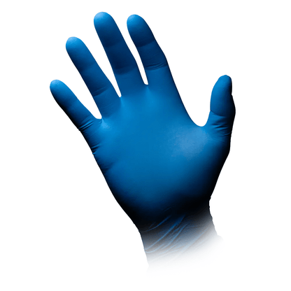 Un gant en nitrile AMPri MED-COMFORT BLUE ULTRA 300 extra long, sans poudre, bleu de AMPri Handelsgesellschaft mbH sur une main dressée avec les doigts écartés sur un fond blanc.