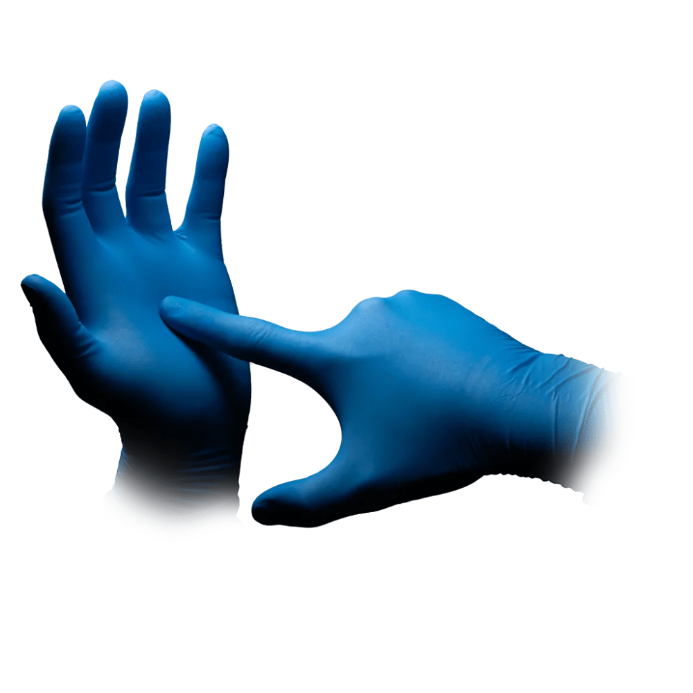 Deux mains avec des gants en nitrile AMPri MED-COMFORT BLUE ULTRA 300 extra longs, sans poudre, bleus de AMPri Handelsgesellschaft mbH sont illustrées sur un fond blanc. Une main est ouverte avec les doigts largement écartés, tandis que l'index de l'autre main touche la paume de la main ouverte. Ces gants sans poudre assurent sécurité et hygiène lors de la manipulation des aliments.