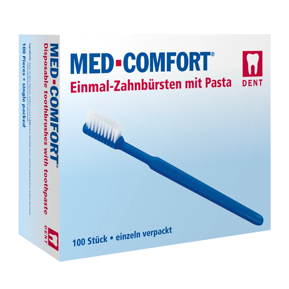La boîte AMPri MED-COMFORT de la société commerciale AMPri Handelsgesellschaft mbH, idéale pour le soin dentaire en déplacement, contient des brosses à dents jetables avec dentifrice. Une brosse à dents bleue est illustrée, un texte bilingue indique que la boîte contient 100 pièces emballées individuellement de différentes couleurs.